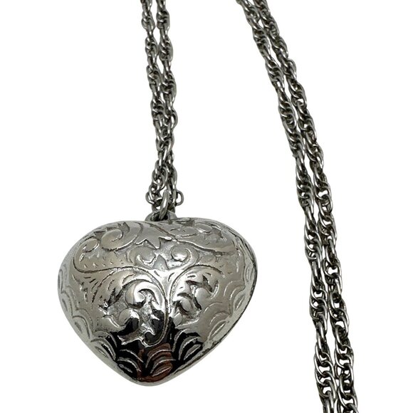 Romantic Puff Heart Pendant Necklace Ornate Scroll Embossed Twisted Rope Chain - Picture 5 of 7